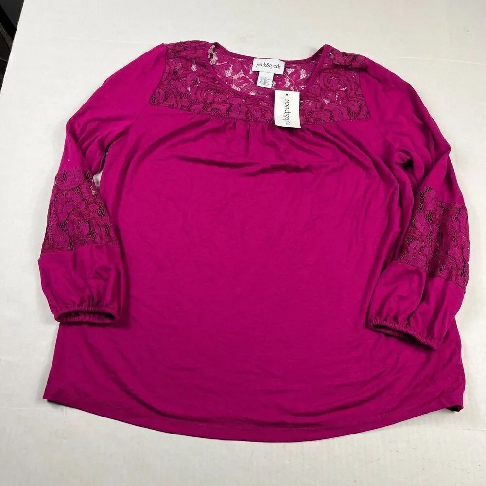 Peck & Peck Lace Top Pink Long Sleeve Relaxed Fit Stretch Knit Shirt MEDIUM NEW